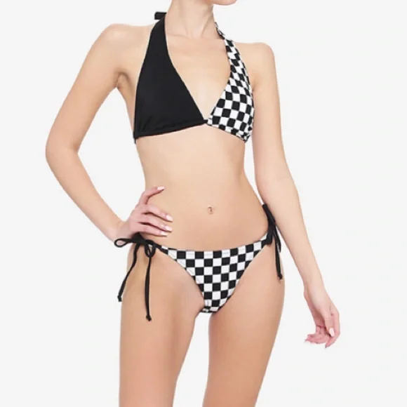 Black & White Checkered Side Tie Swim Bottoms Hot Topic - Picture 2 of 5